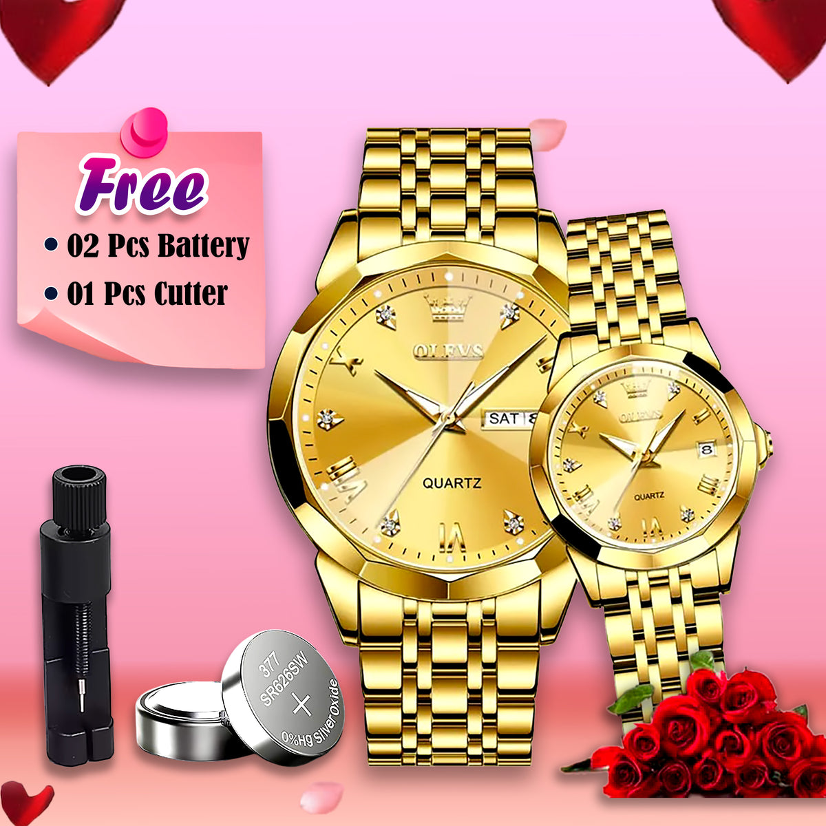 Olevs Stainless Steel fashionable Couple watches Butter Fly Lock Full Golden